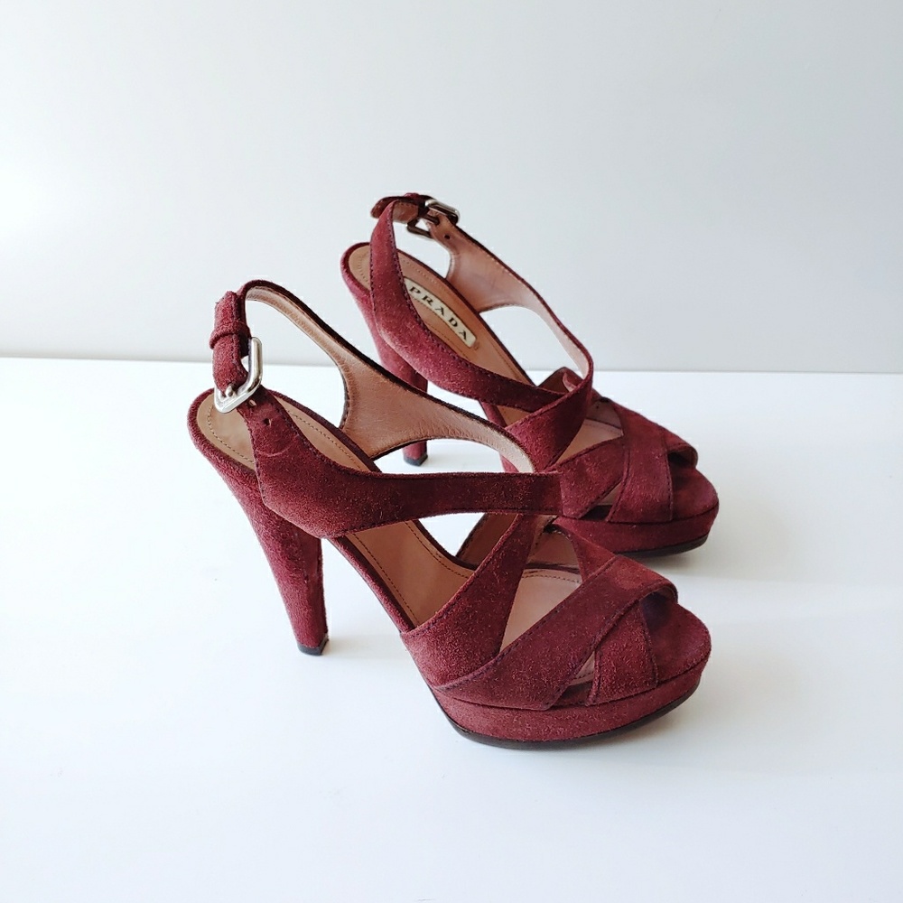 Prada Suede Leather Platform Burgundy Heels 6.5